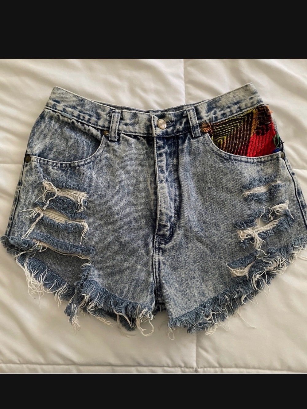 Rare 80s Hoko Jeans Acid Wash Cut Off Shorts Embroidered Rasta Vintage Festival